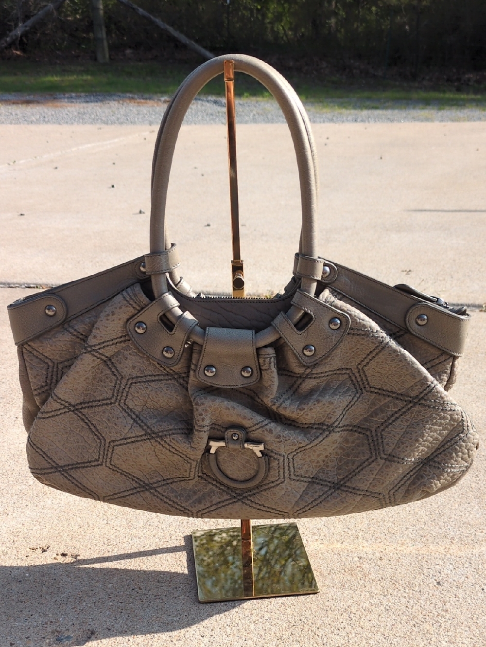 Salvatore Ferragamo Large Celtico Grey Textured Leather Shoulder Bag Purse